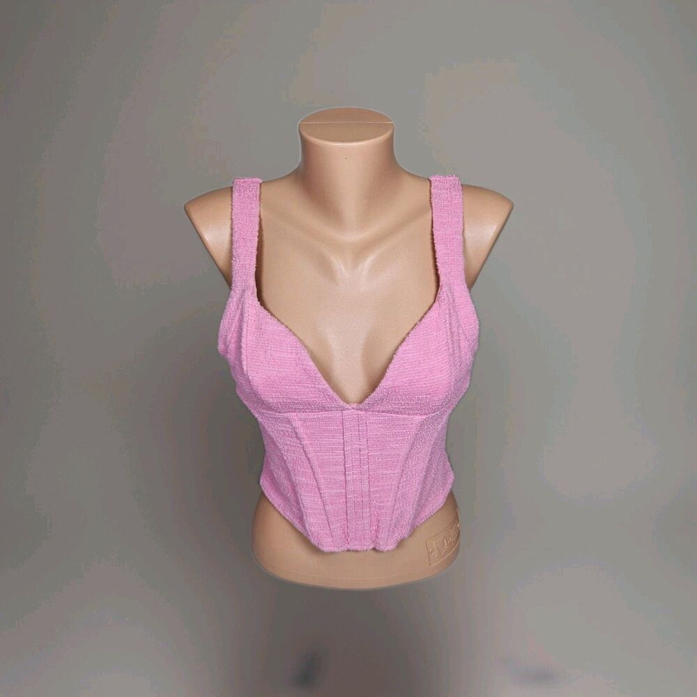 ZARA Pink Tweed Textured Corset Crop Top M (Fits Small) Bustier V-Neck Coquette